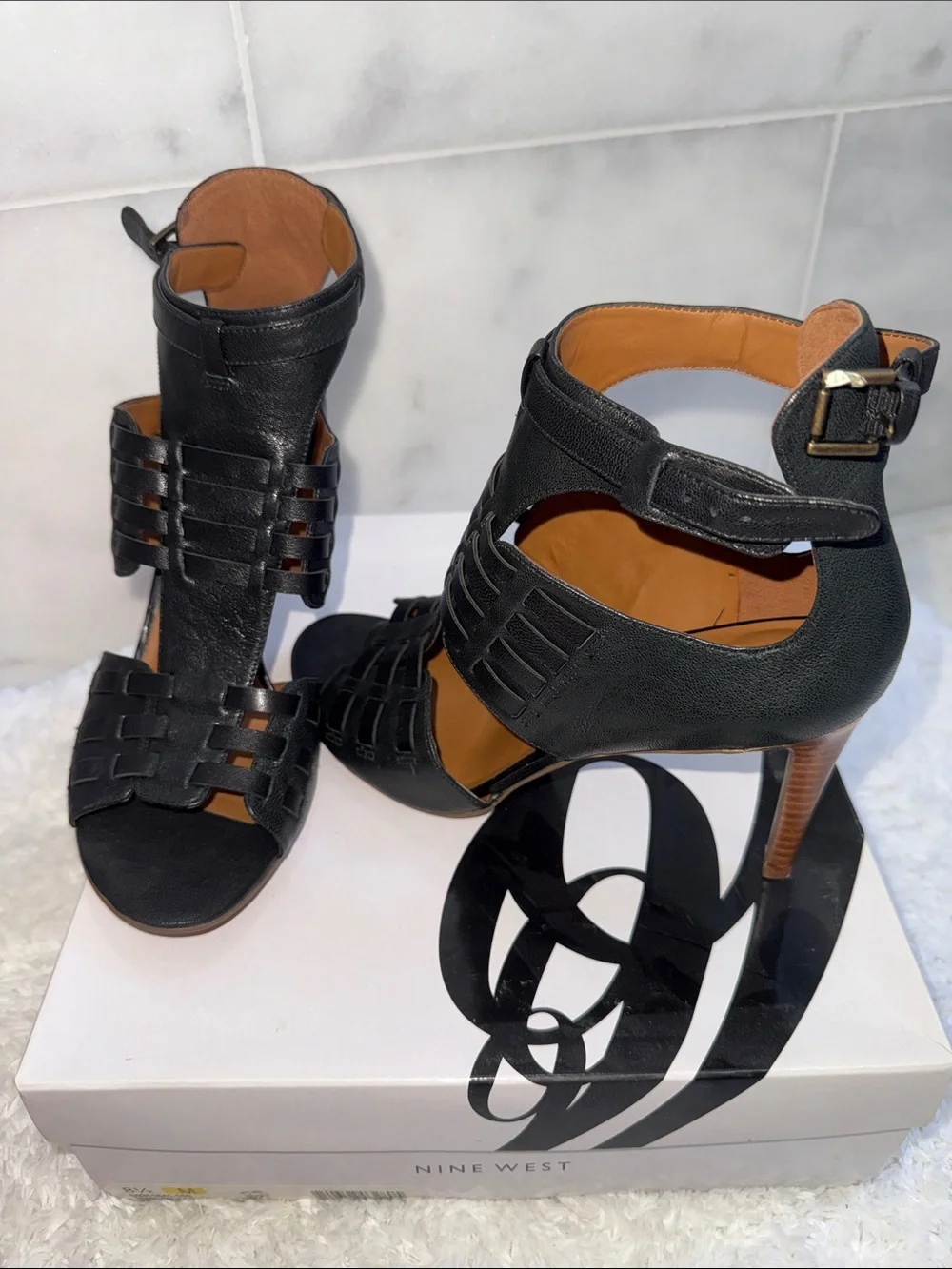 Nine West Black Leather Woven Strappy High Heels 8 1/2 nib